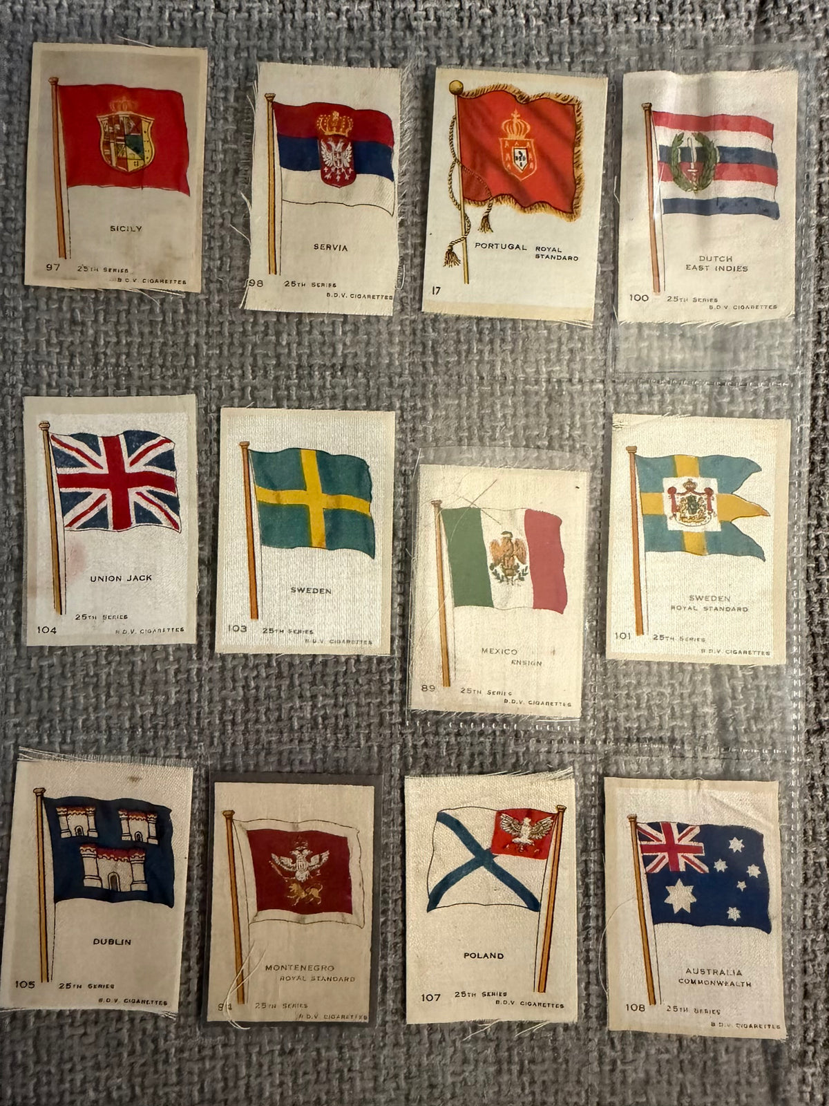 12 x Vintage B.D.V. Cigarette Silks — 25th Series — World, Royal & Regional Flags — c.1910s