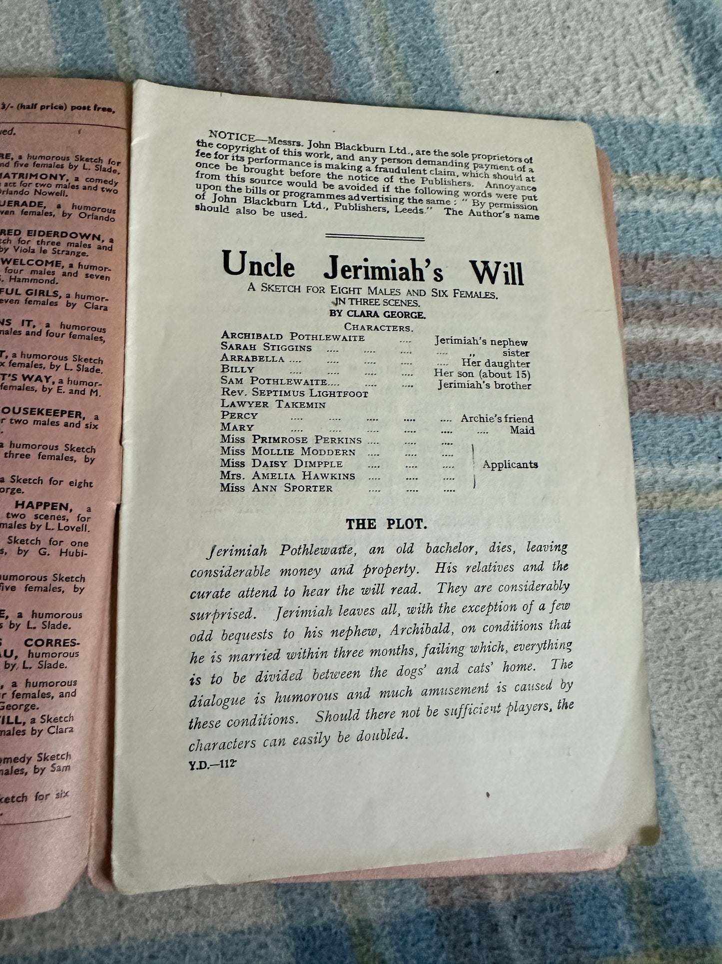 1920’s Uncle Jeremiah’s Will(Humorous Dialogues) The Yorkshire Series