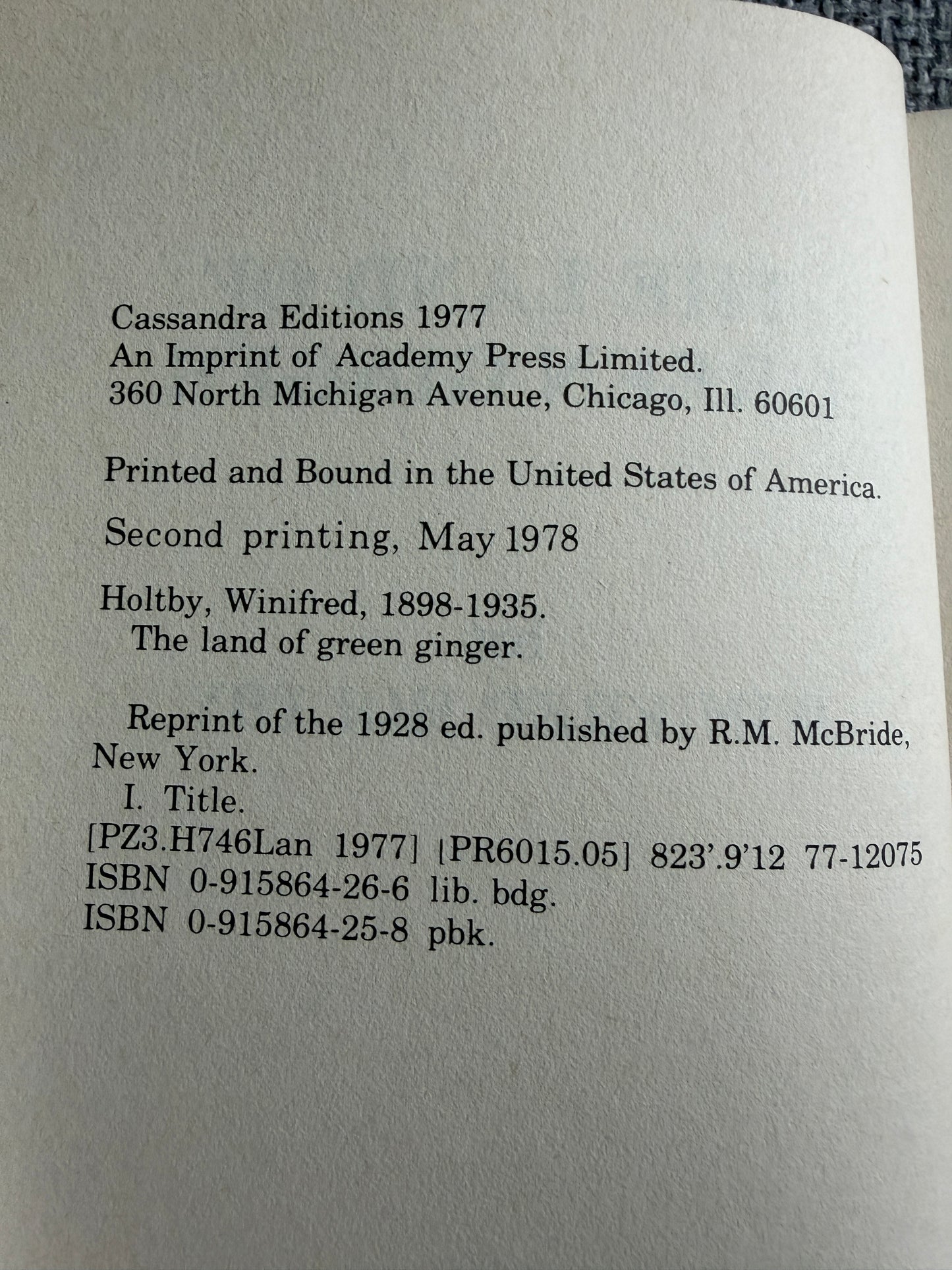 1978 The Land Of Green Ginger - Winifred Holtby (Cassandra Editions) - Honeyburn Books (UK)