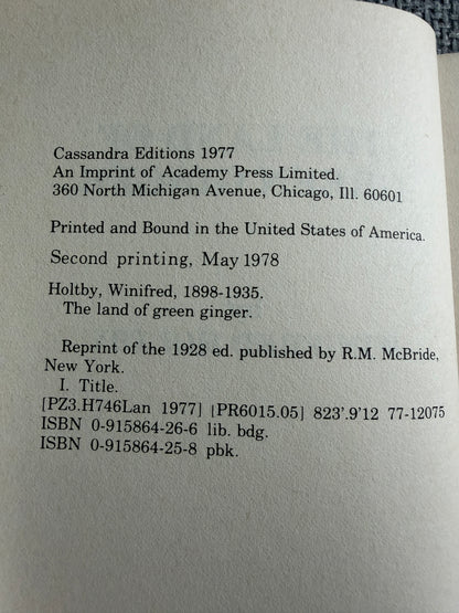 1978 The Land Of Green Ginger - Winifred Holtby (Cassandra Editions) - Honeyburn Books (UK)