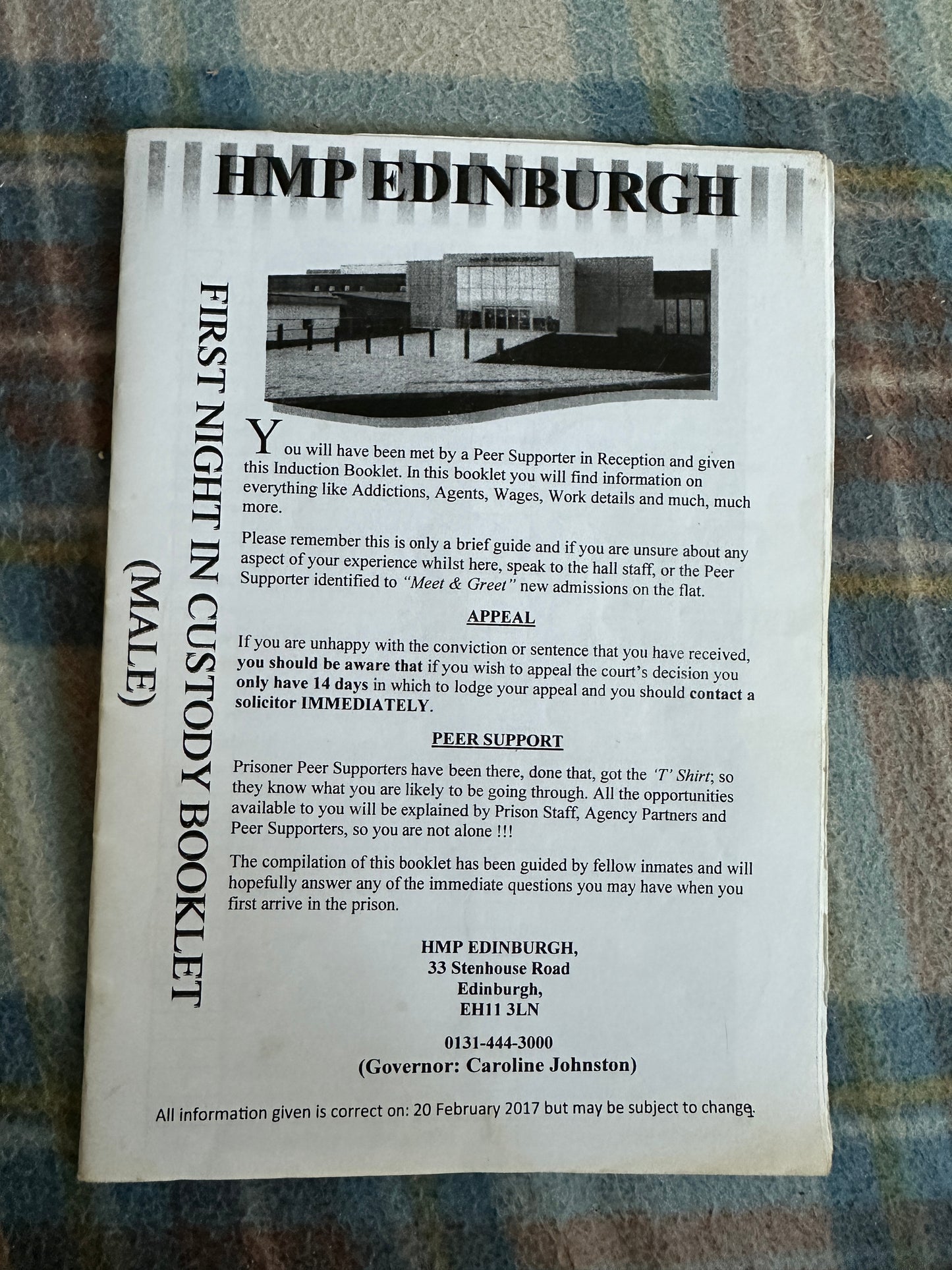 2017 H. M. P. Edinburgh Prison (First Night in Custody Booklet)very rare