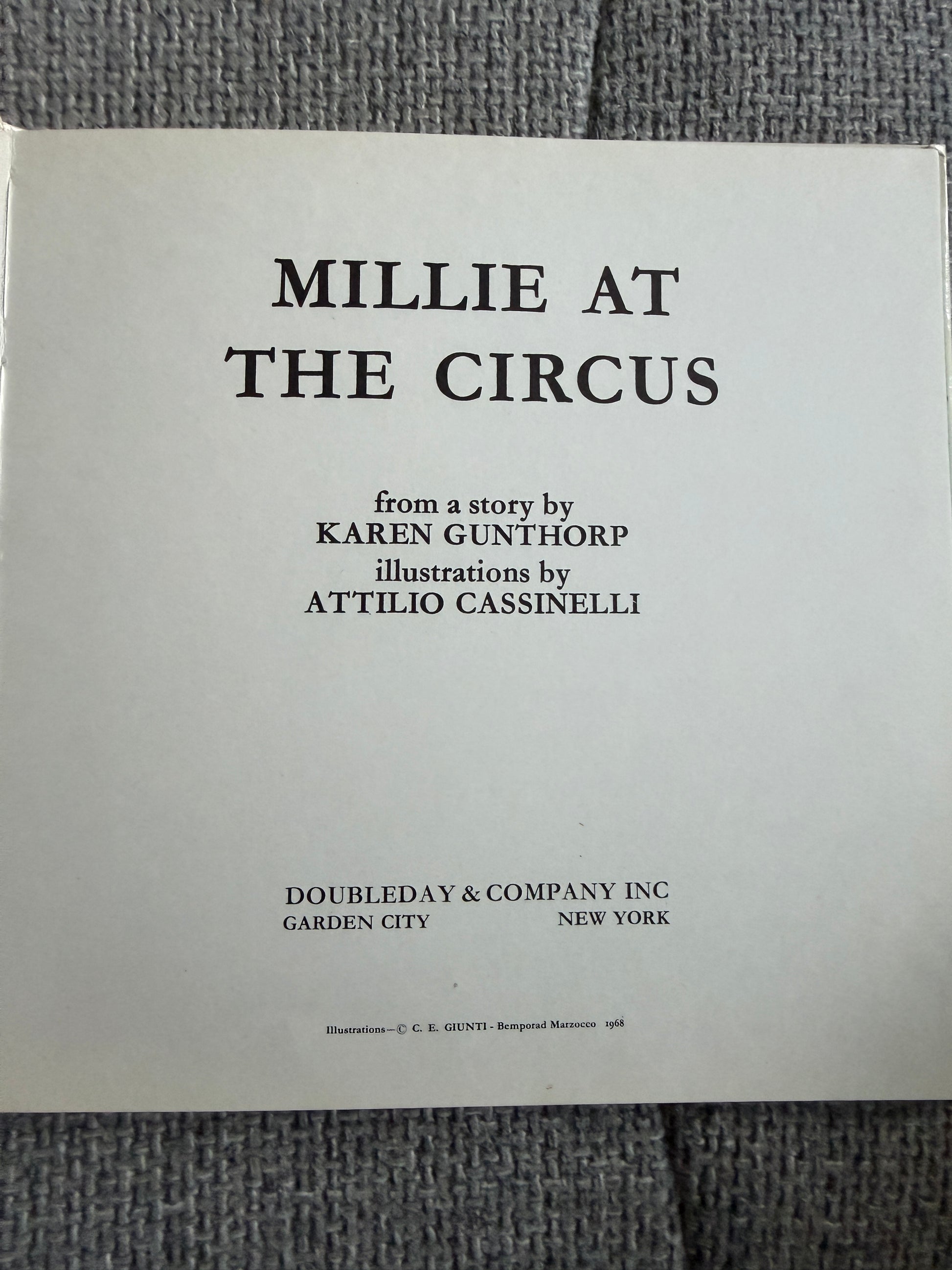 1968 Millie At The Circus - Karen Gunthorp (Attilio Cassinelli illust) Doubleday - Honeyburn Books (UK)
