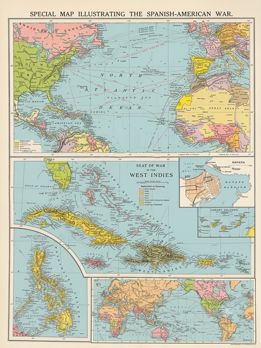 [1898] Philips' Special Map Illustrating the Spanish-American War — Complete Cloth Folding Map