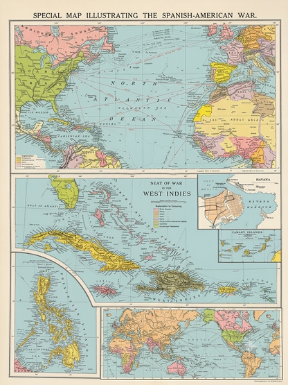 [1898] Philips' Special Map Illustrating the Spanish-American War — Complete Cloth Folding Map