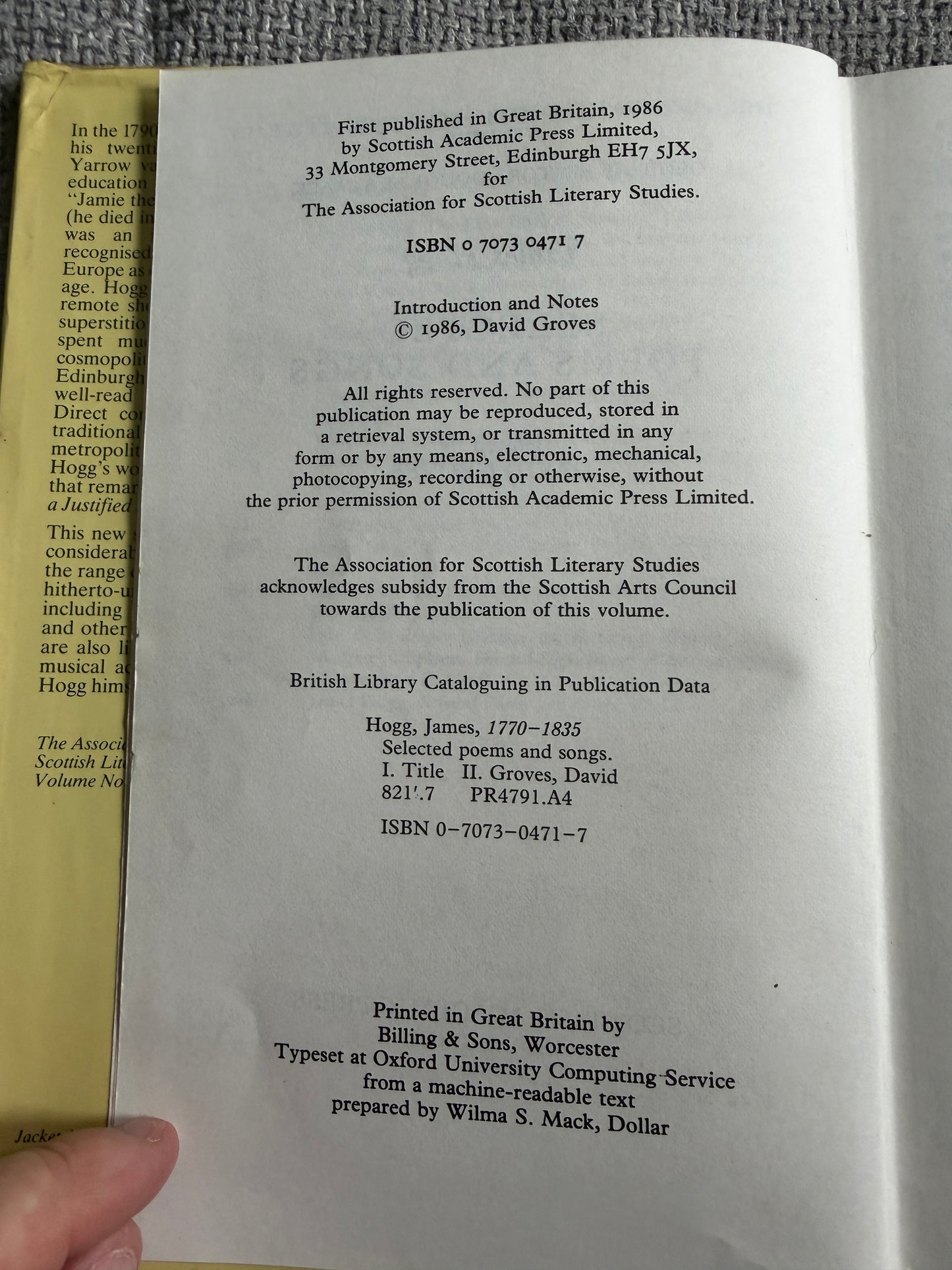 1986*1st* James Hogg Selected Poems & Songs - David Groves edited (Scottish Academic Press)