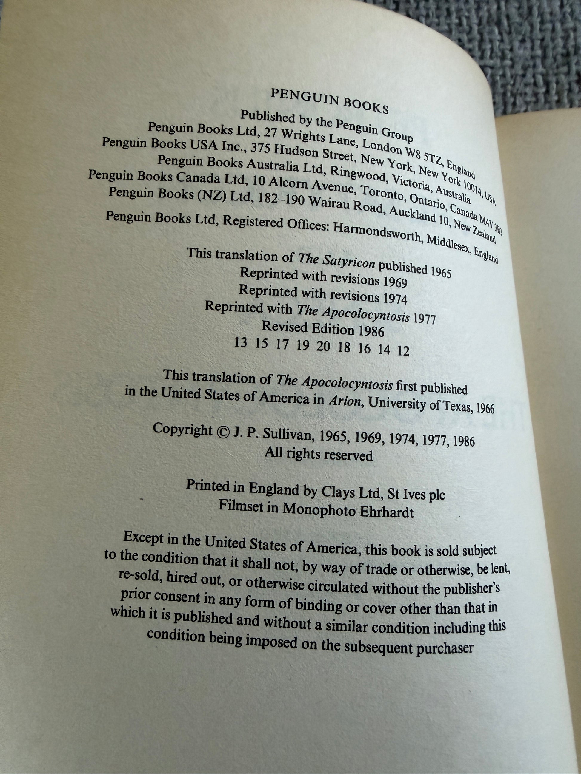 The Satyricon Penguin Classics - 1986 Edition Translated by J. P. Sullivan, Includes Seneca & The Apocolocyntosis - Honeyburn Books (UK)
