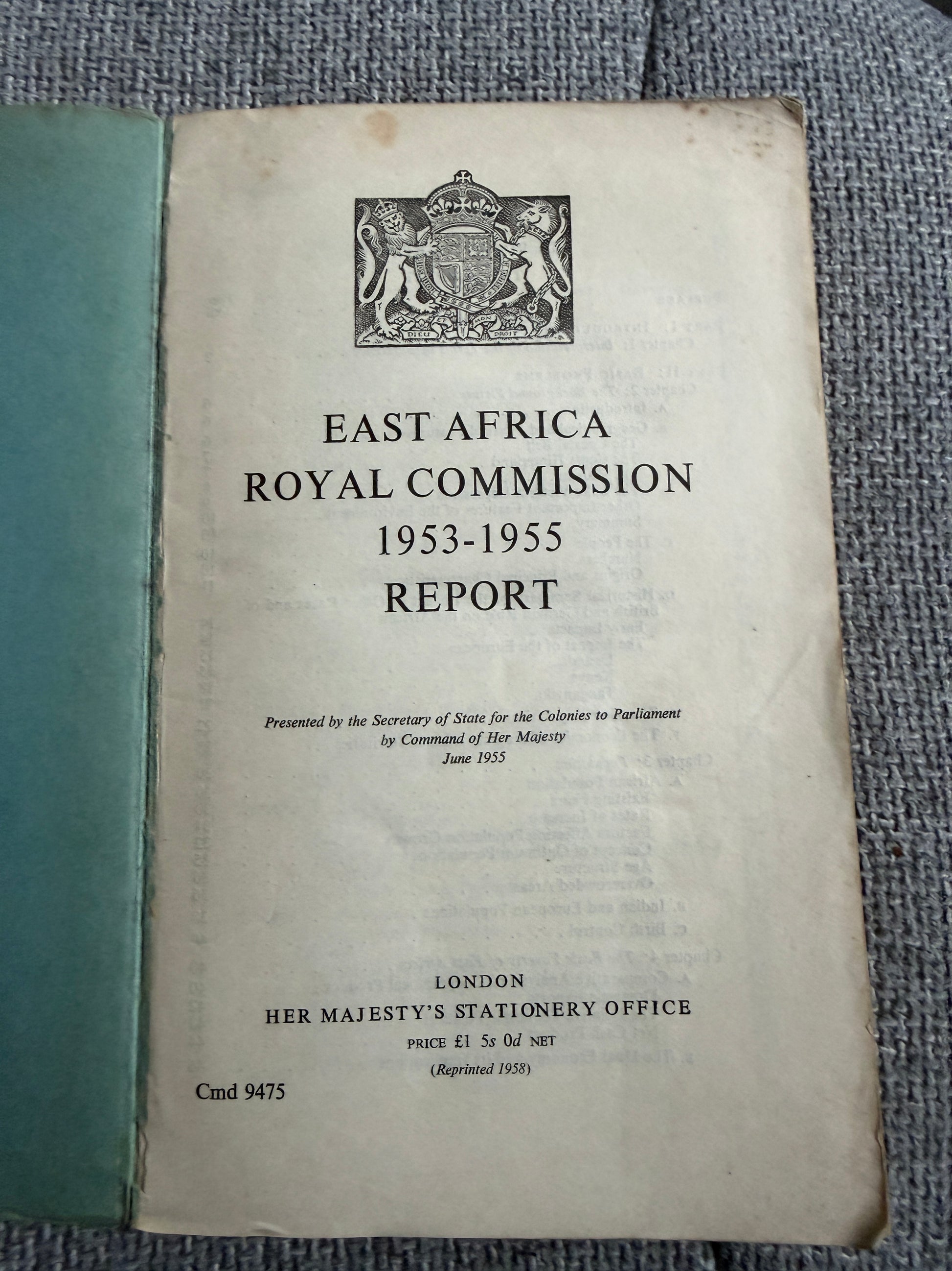 1958 East Africa Royal Commission Report with 4 Maps - Her Majesty’s Stationery Office - Honeyburn Books (UK)