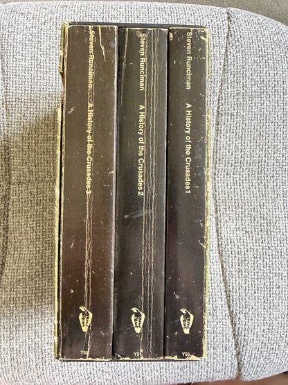 Steven Runciman – A History of the Crusades Vols. 1–3. Complete Peregrine Books 1965 edition. Original Penguin slipcase. Peregrine Books