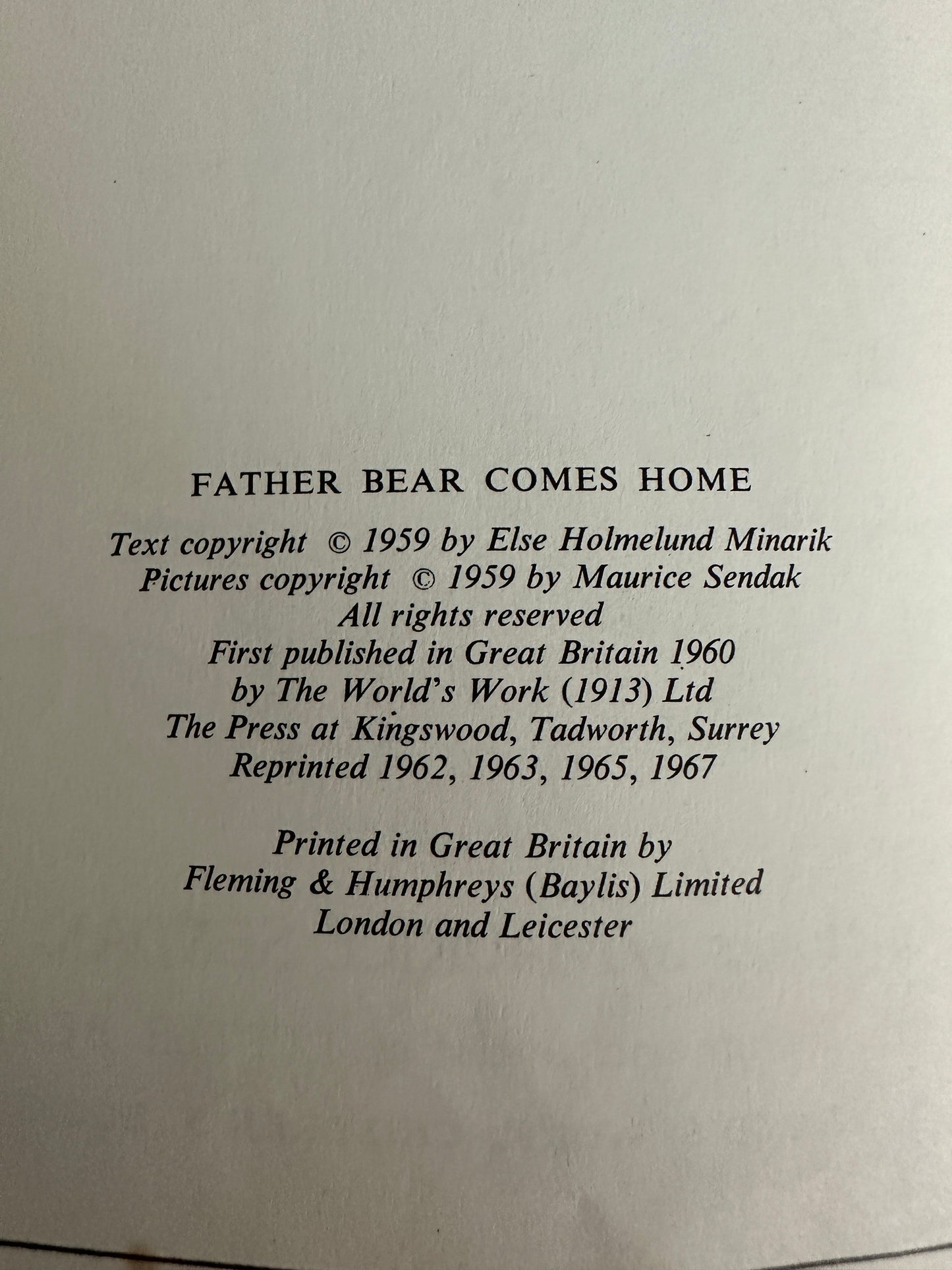 1967 Father Bear Comes Home - Else Holmelund Minarik(Maurice Sendak Illust) Worlds Work Published