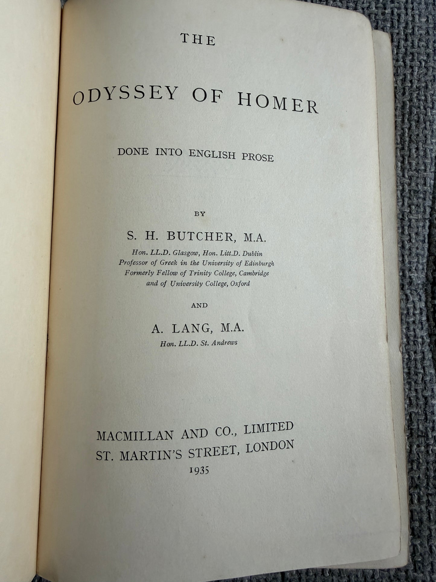 1935 The Odyssey Of Homer - S. H. Butcher & A. Lang (MacMillan & Co. Ltd.)