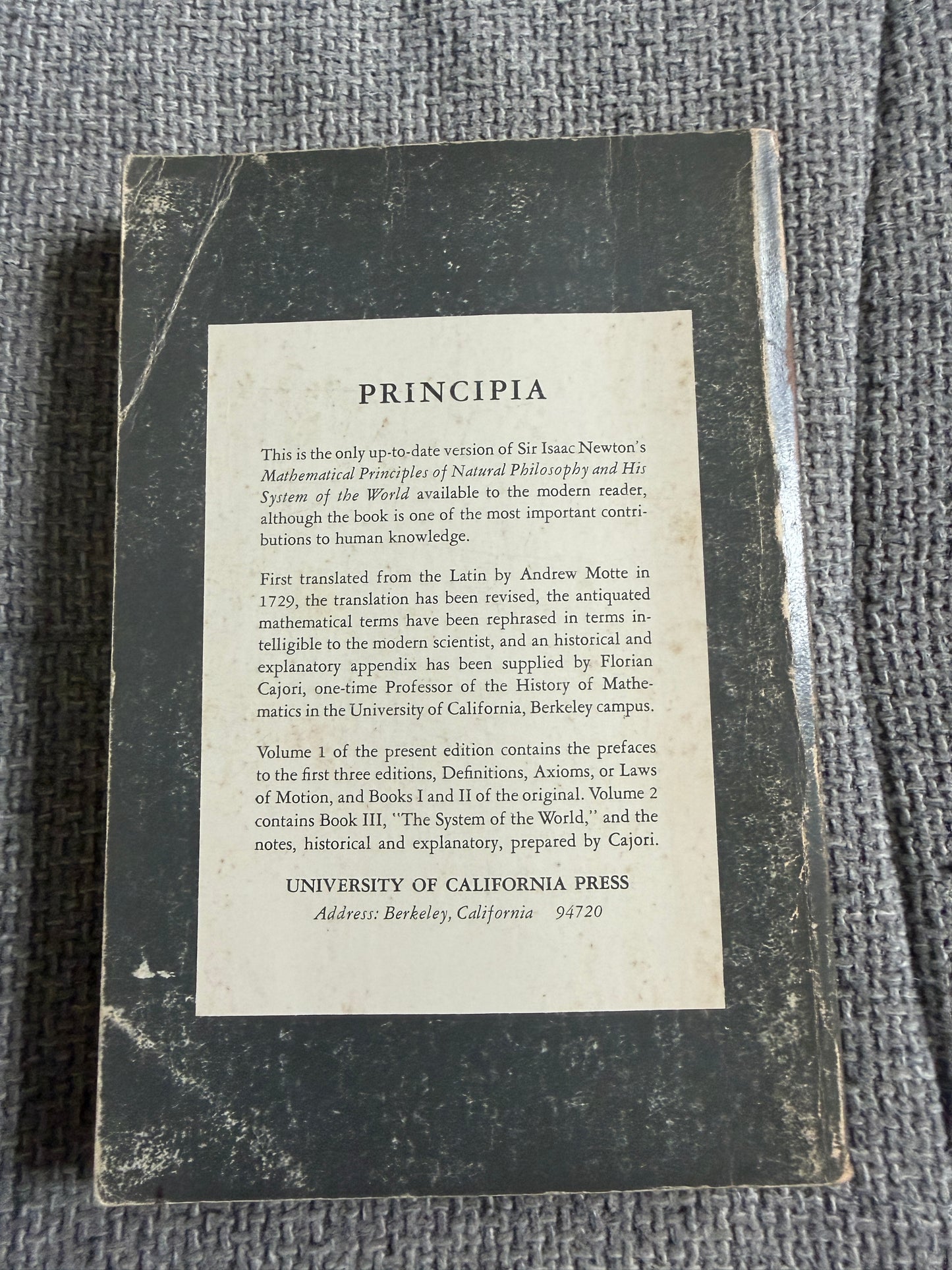 1966 Sir Isaac Newton Principia Vol 1 The Motion Of Bodies - Florian Cajori (University Of California Press)