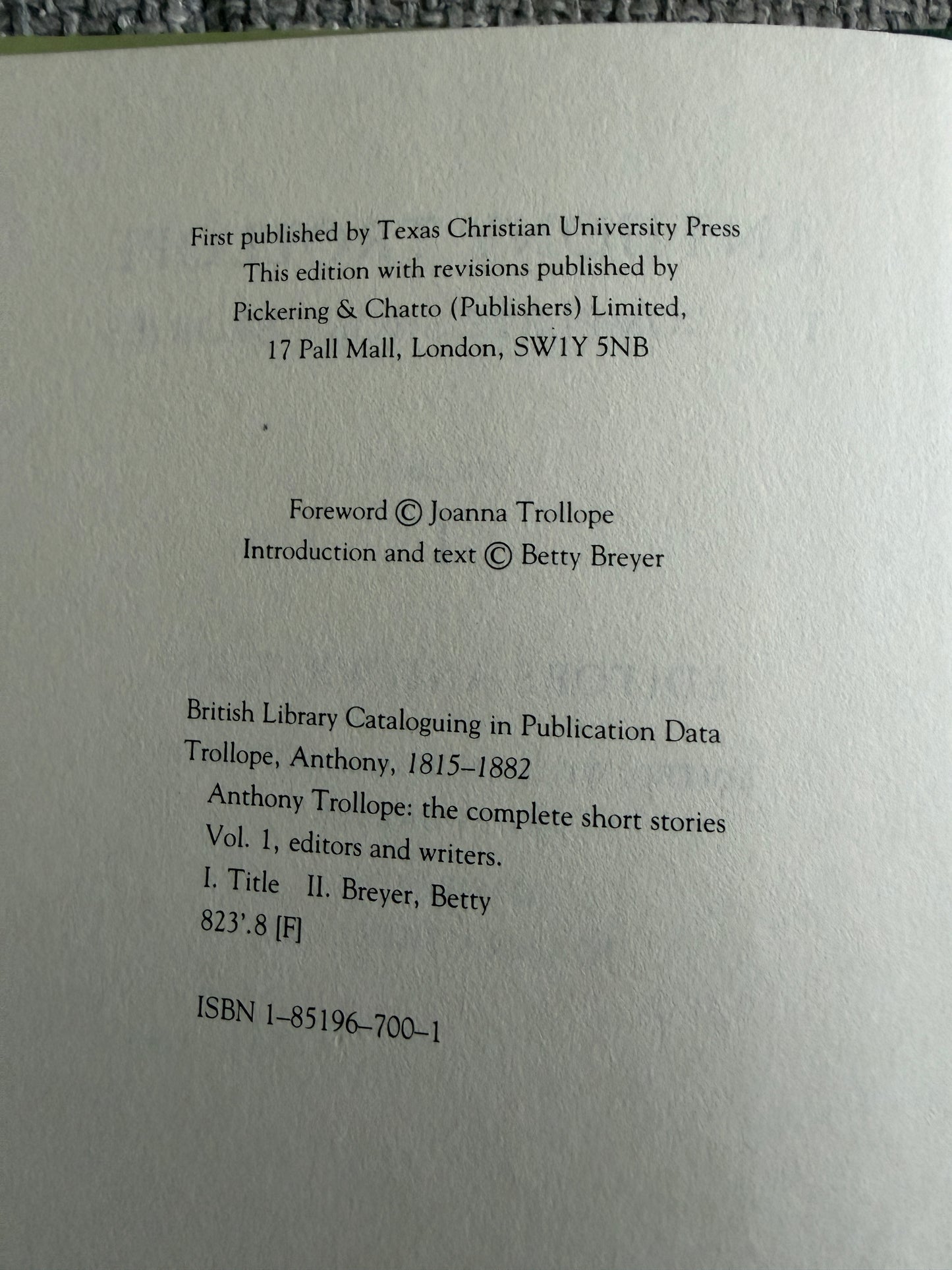 1990 Anthony Trollope The Complete Short Stories volume 1 - William Pickering Published