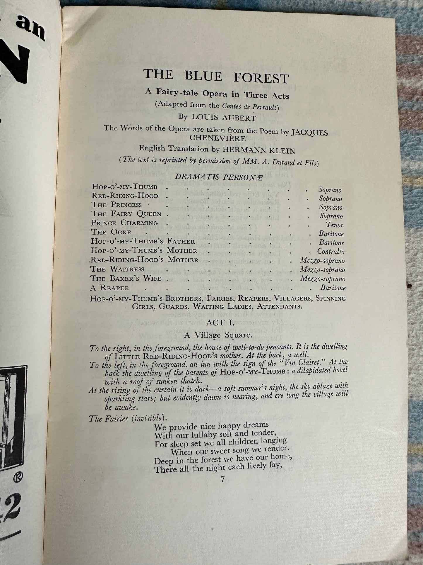 1928 The Blue Forest(Louis Francois Marie Aubert)BBC Opera Libretto