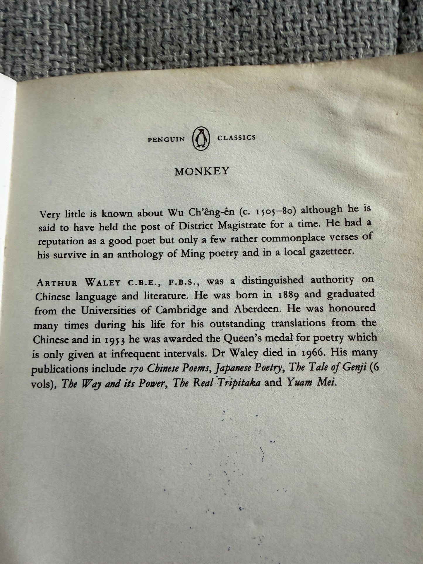 Monkey - Wu Ch’Êng-Ên translated by Arthur Waley (Penguin Classics) undated