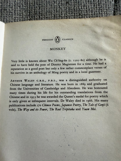 Monkey - Wu Ch’Êng-Ên translated by Arthur Waley (Penguin Classics) undated