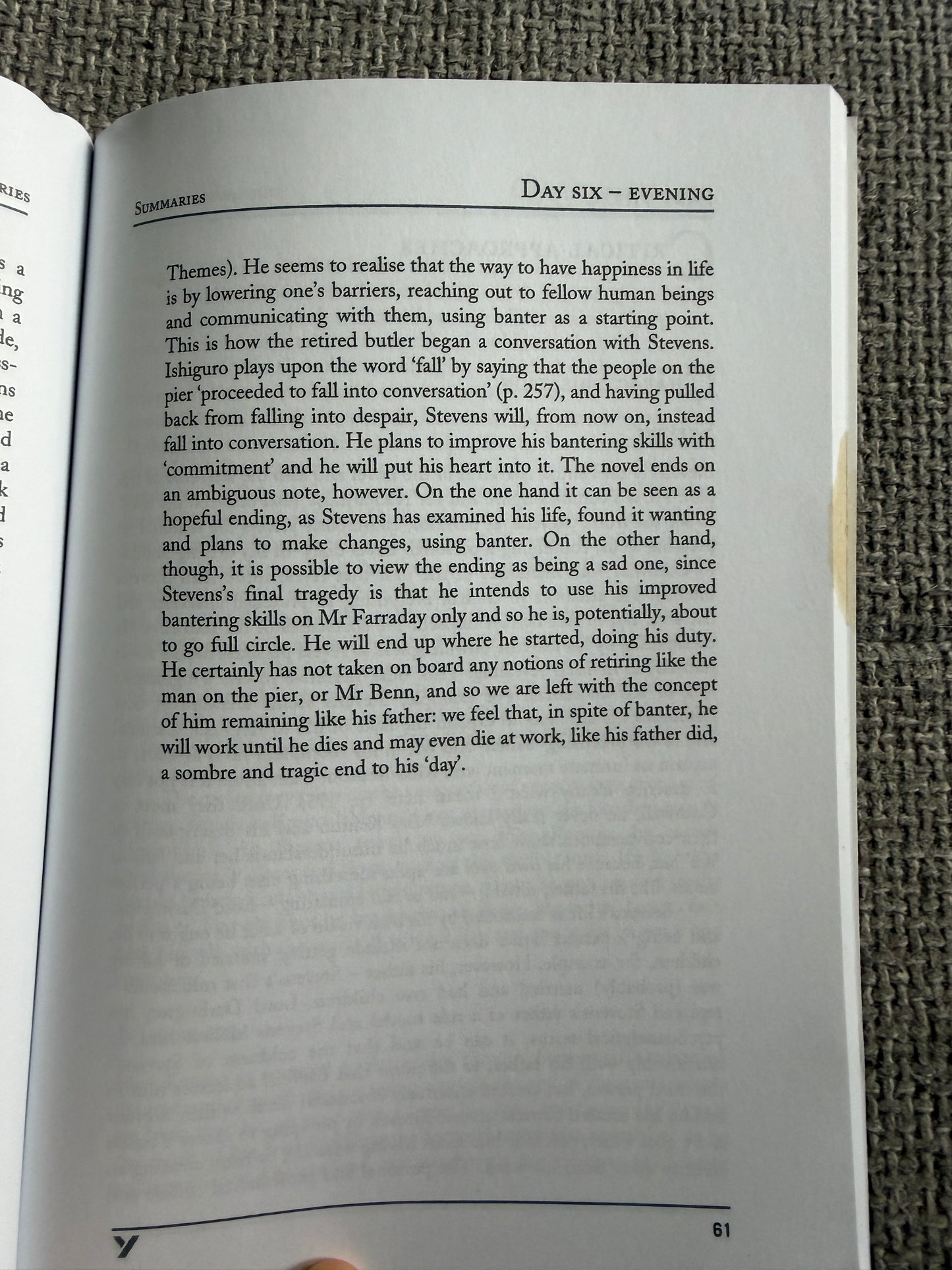 2000 The Remains of The Day - Kazuo Ishiguro (York Study Notes by Sarah Peters) Longmans/ York Press