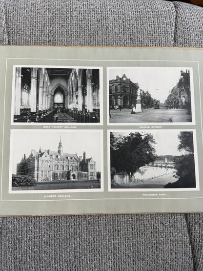 c.1905–1910 Views of Hull and Beverley, W.R.&S. Reliable Series — early photographic souvenir album featuring Hull and Beverley, including Hull Town Hall, Hymers College, Holy Trinity Church, Pearson’s Park and King Edward Street with trams.
