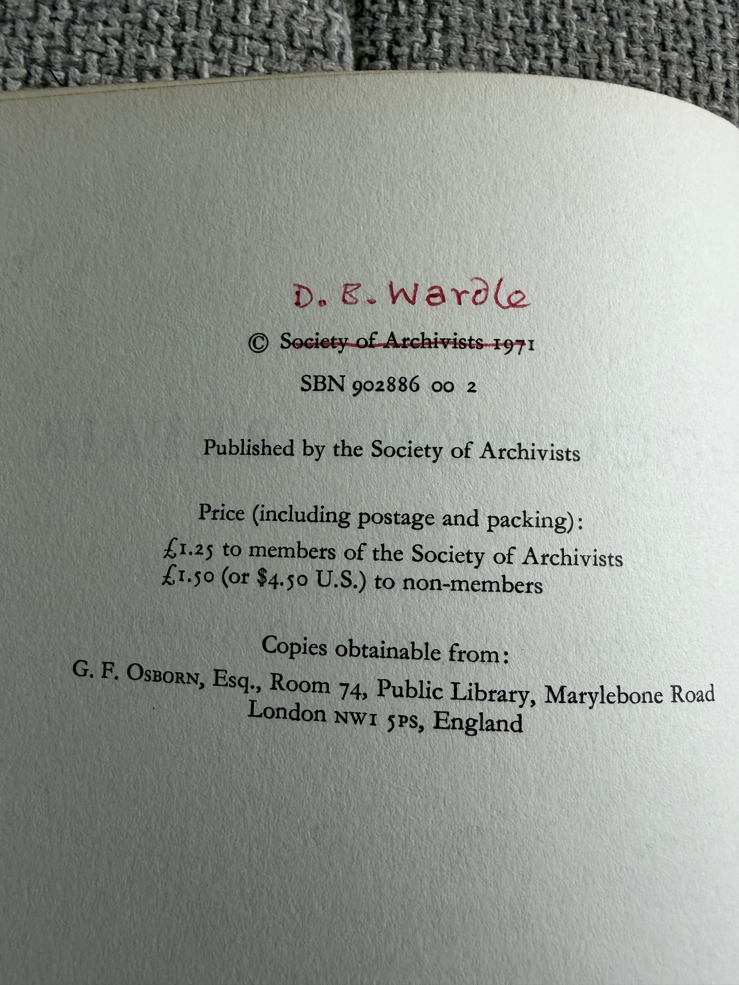 1971*1st* Document Repair (Volume 1) D. B. Wardle (Society Of Archivists)