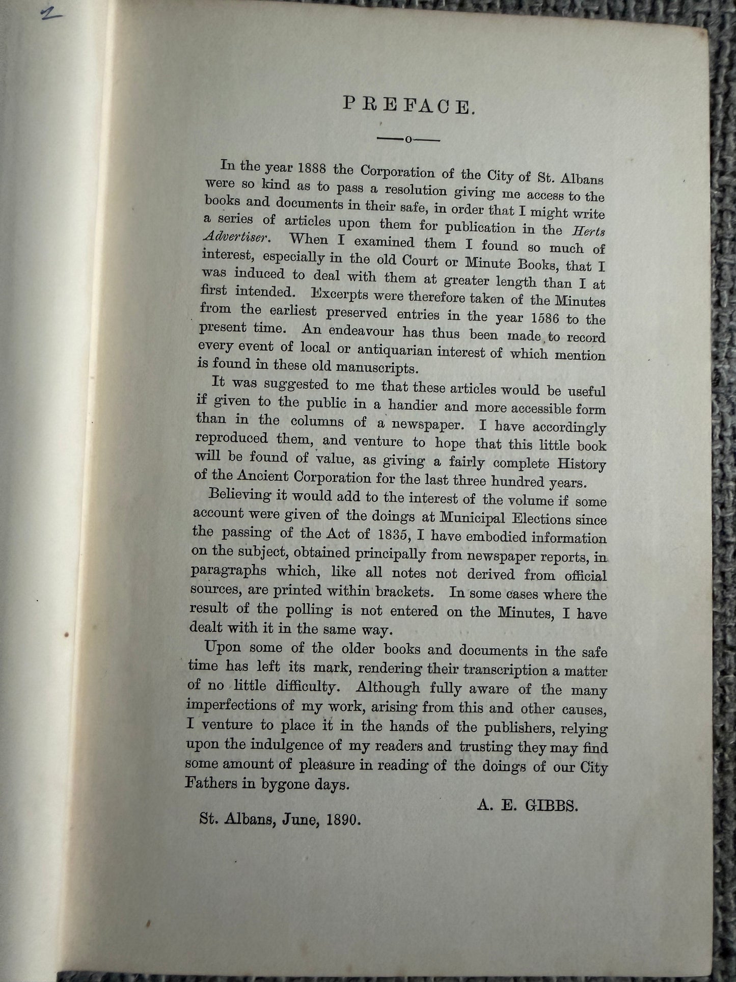 1890 The Corporation Records Of St. Albans - A. E. Gibbs (Gibbs & Bamforth)