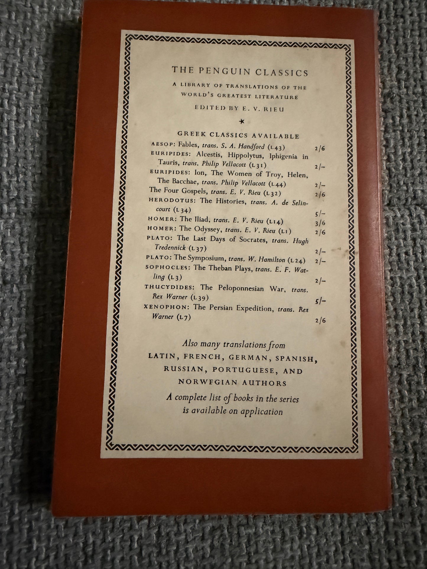 1954 Electra & Other Plays translated by E. F. Watling (Penguin Classics)