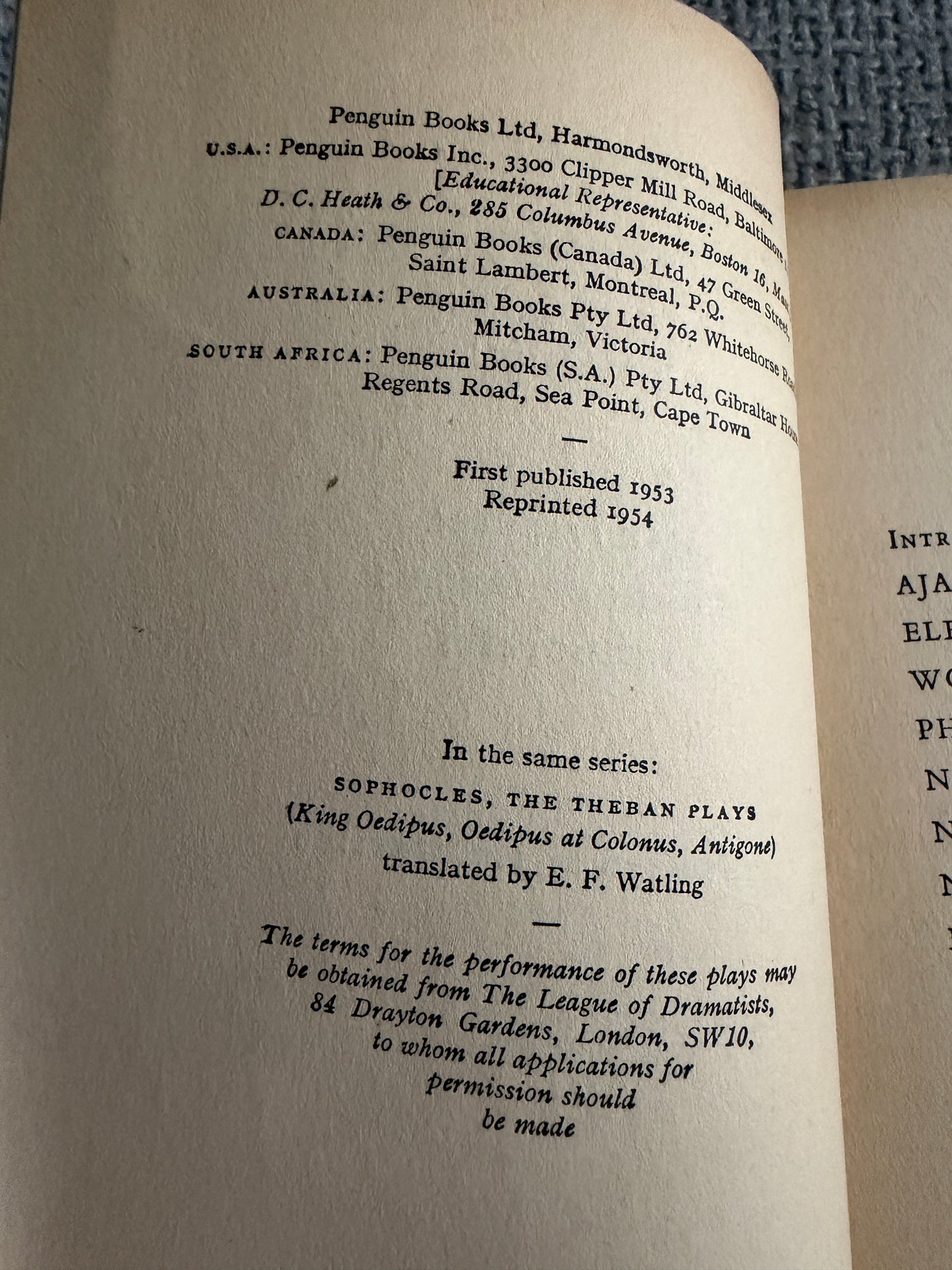 1954 Electra & Other Plays translated by E. F. Watling (Penguin Classics)