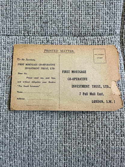 1920’s What you have here is a vintage investment prospectus postcard, likely from the 1920s or early 1930s, distributed by the:
First Mortgage Co-operative Investment Trust Ltd.