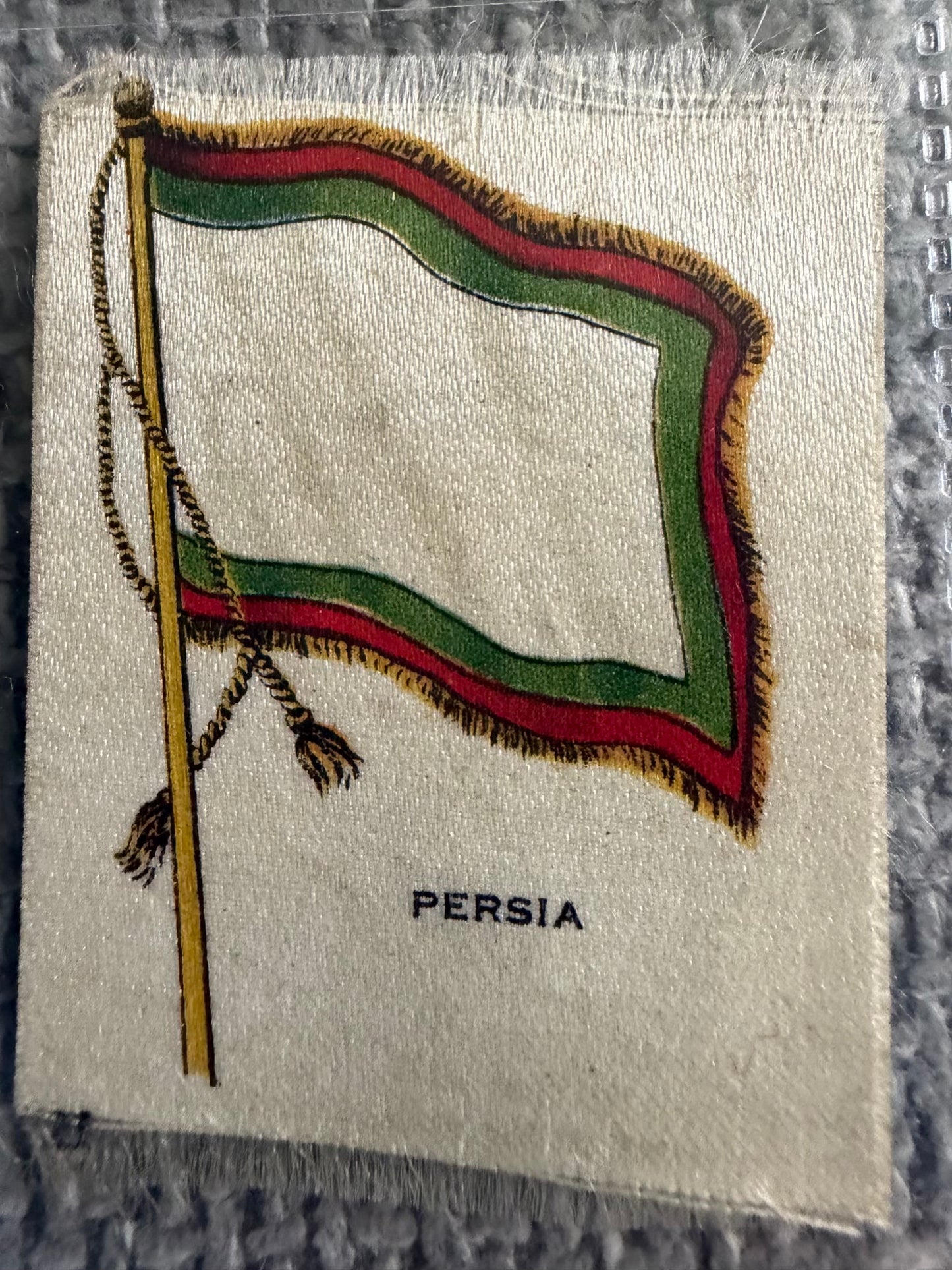 Antique Silk Flag Card — PERSIA — c.1910s — Fringed Design — Vintage Tobacco Silk