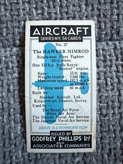 Vintage Cigarette Card — Hawker Nimrod — Godfrey Phillips Aircraft Series 1