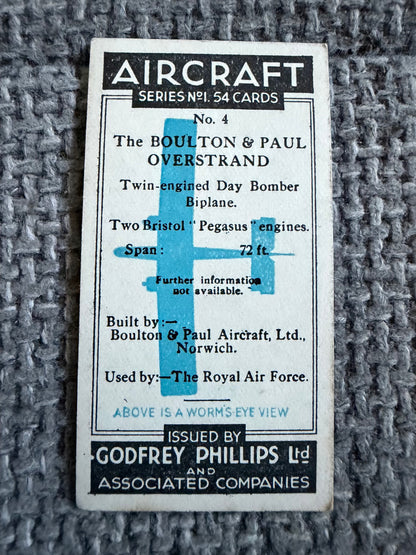 Vintage Cigarette Card — Boulton & Paul Overstrand — Godfrey Phillips Aircraft Series 1
