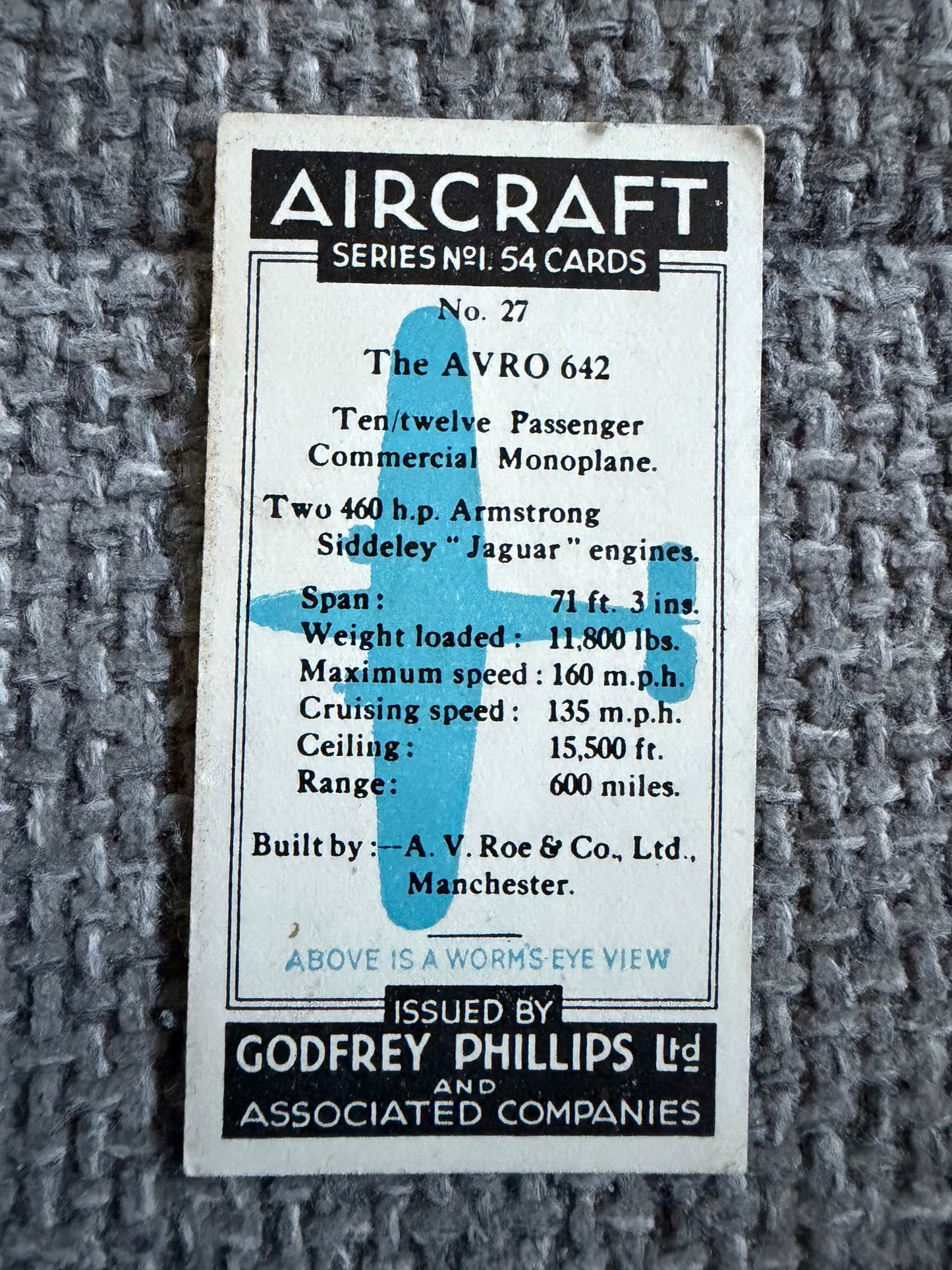Vintage Cigarette Card — Avro 642 — Godfrey Phillips Aircraft Series 1