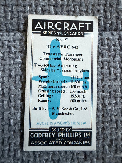 Vintage Cigarette Card — Avro 642 — Godfrey Phillips Aircraft Series 1