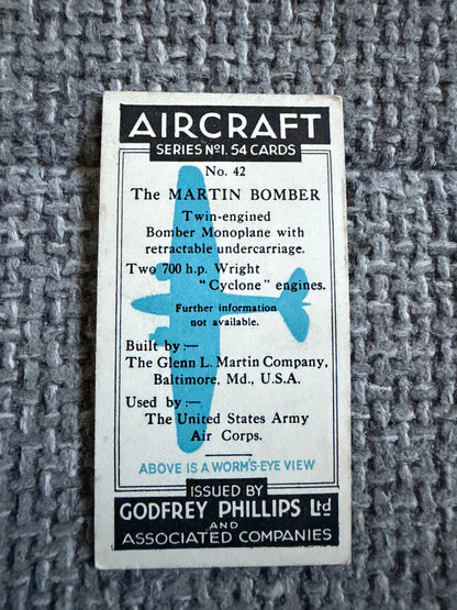Vintage Cigarette Card — Martin Bomber — Godfrey Phillips Aircraft Series 1