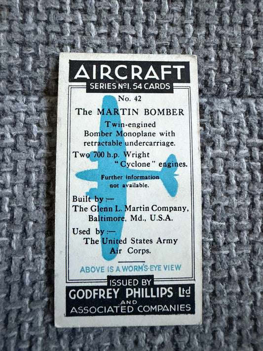 Vintage Cigarette Card — Martin Bomber — Godfrey Phillips Aircraft Series 1
