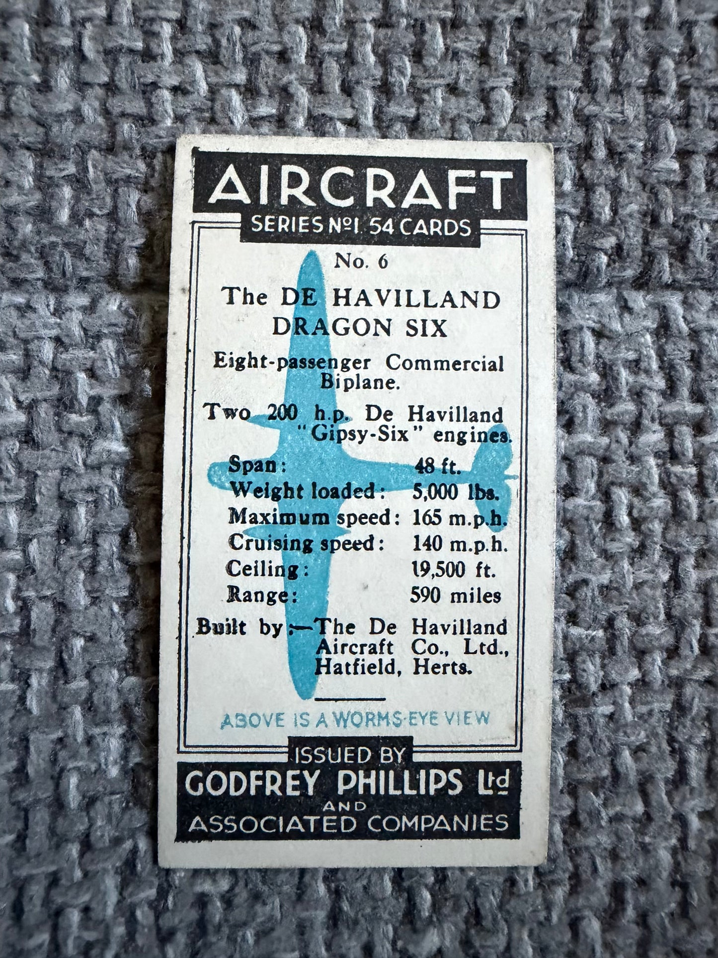 Vintage Cigarette Card — De Havilland Dragon-Six — Godfrey Phillips Aircraft Series 1