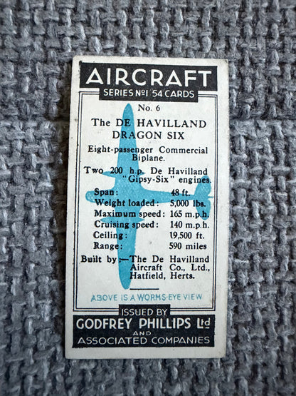 Vintage Cigarette Card — De Havilland Dragon-Six — Godfrey Phillips Aircraft Series 1