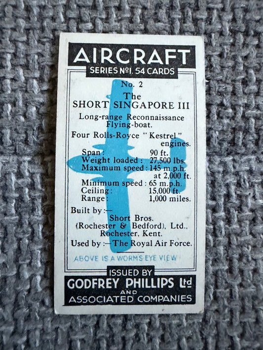 Vintage Cigarette Card — Short Singapore III — Godfrey Phillips Aircraft Series 1