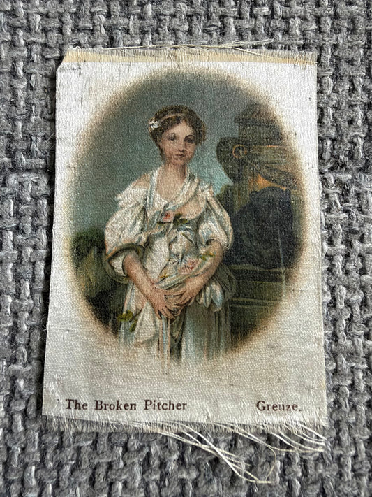 Antique BDV Silk Cigarette Card — The Broken Pitcher by Greuze — Old Masters Series 1912