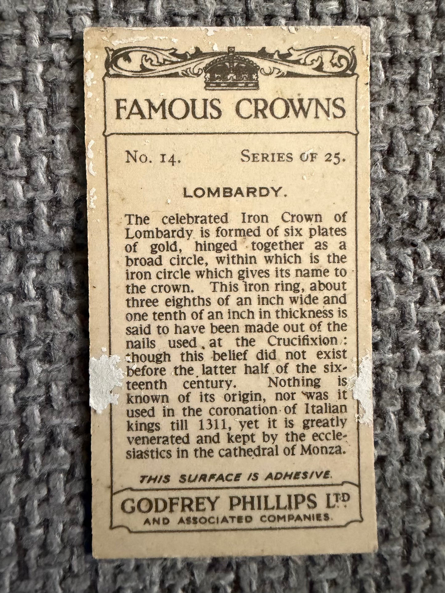 Vintage Cigarette Card — Famous Crowns — Lombardy — Godfrey Phillips No.14