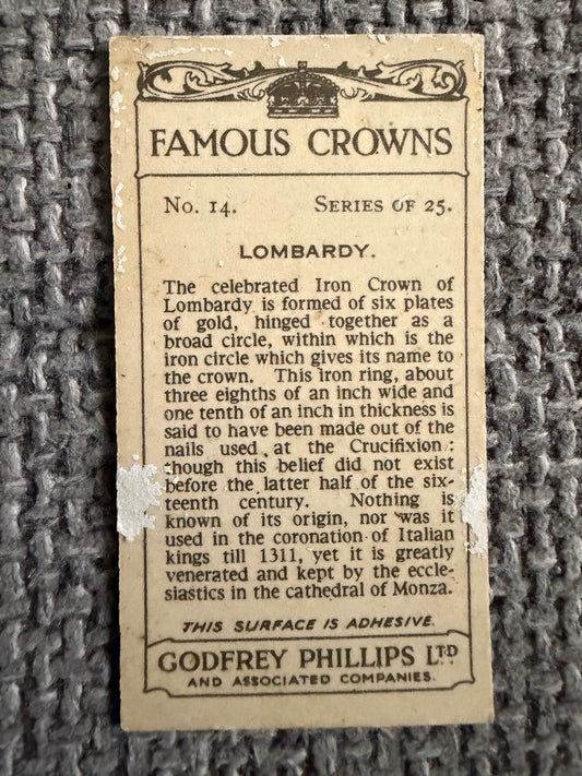 Vintage Cigarette Card — Famous Crowns — Lombardy — Godfrey Phillips No.14