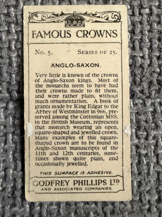 Vintage Cigarette Card — Famous Crowns — Anglo-Saxon — Godfrey Phillips No.5