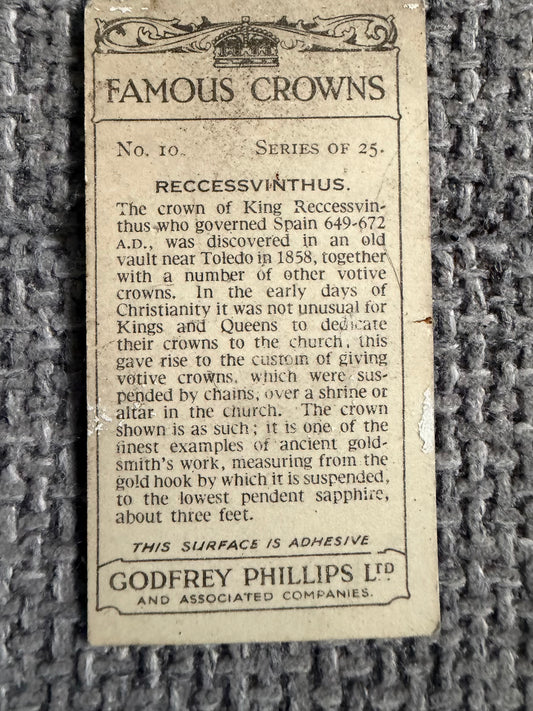 Vintage Cigarette Card — Famous Crowns — Recessivithus — Godfrey Phillips No.10