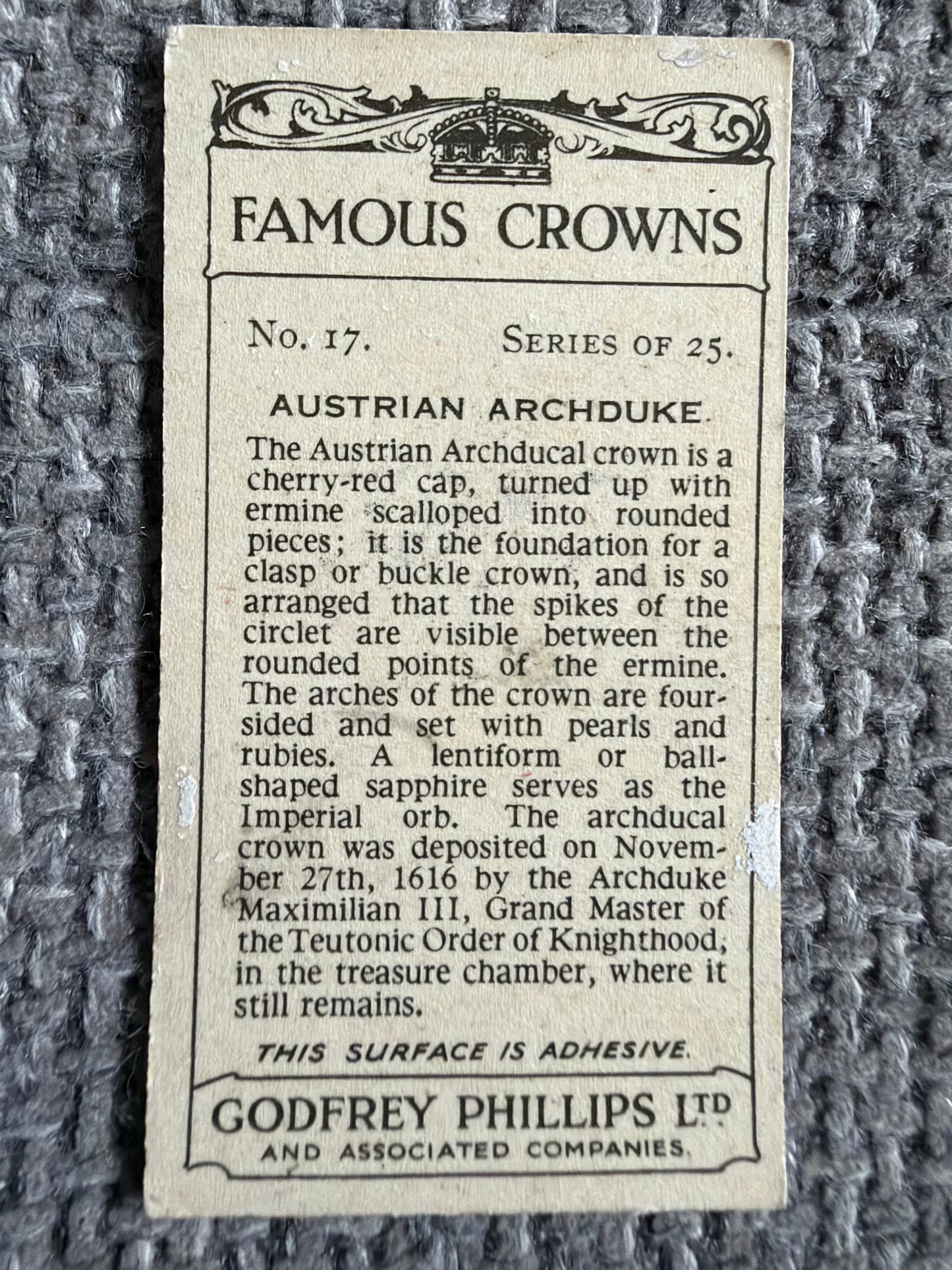 Vintage Cigarette Card — Famous Crowns — Austrian Archduke — Godfrey Phillips No.17