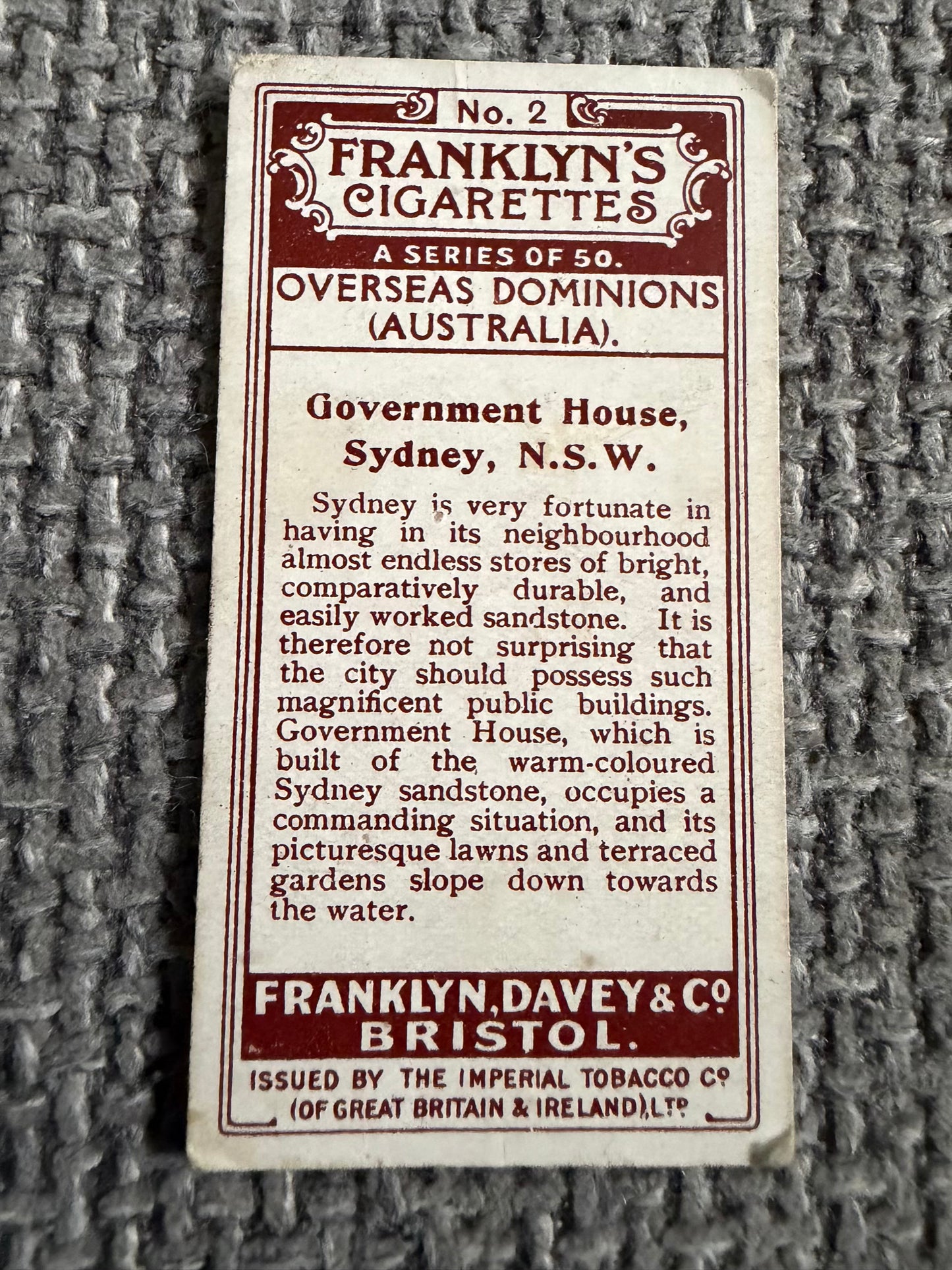 Vintage Cigarette Card — Government House Sydney — Franklyn's Overseas Dominions No.2