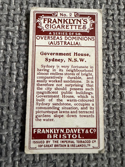 Vintage Cigarette Card — Government House Sydney — Franklyn's Overseas Dominions No.2