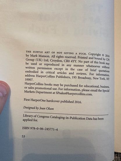2016*1st* The Subtle Art Of Not Giving A F*ck - Mark Manson(HarperCollins)