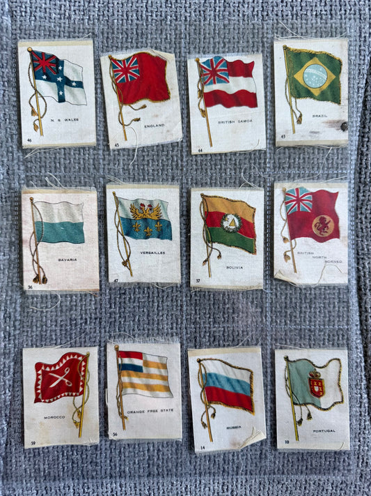 12 Vintage Silk Flag Cigarette Cards — B.D.V. / Godfrey Phillips — Early 1900s World Flags Collection