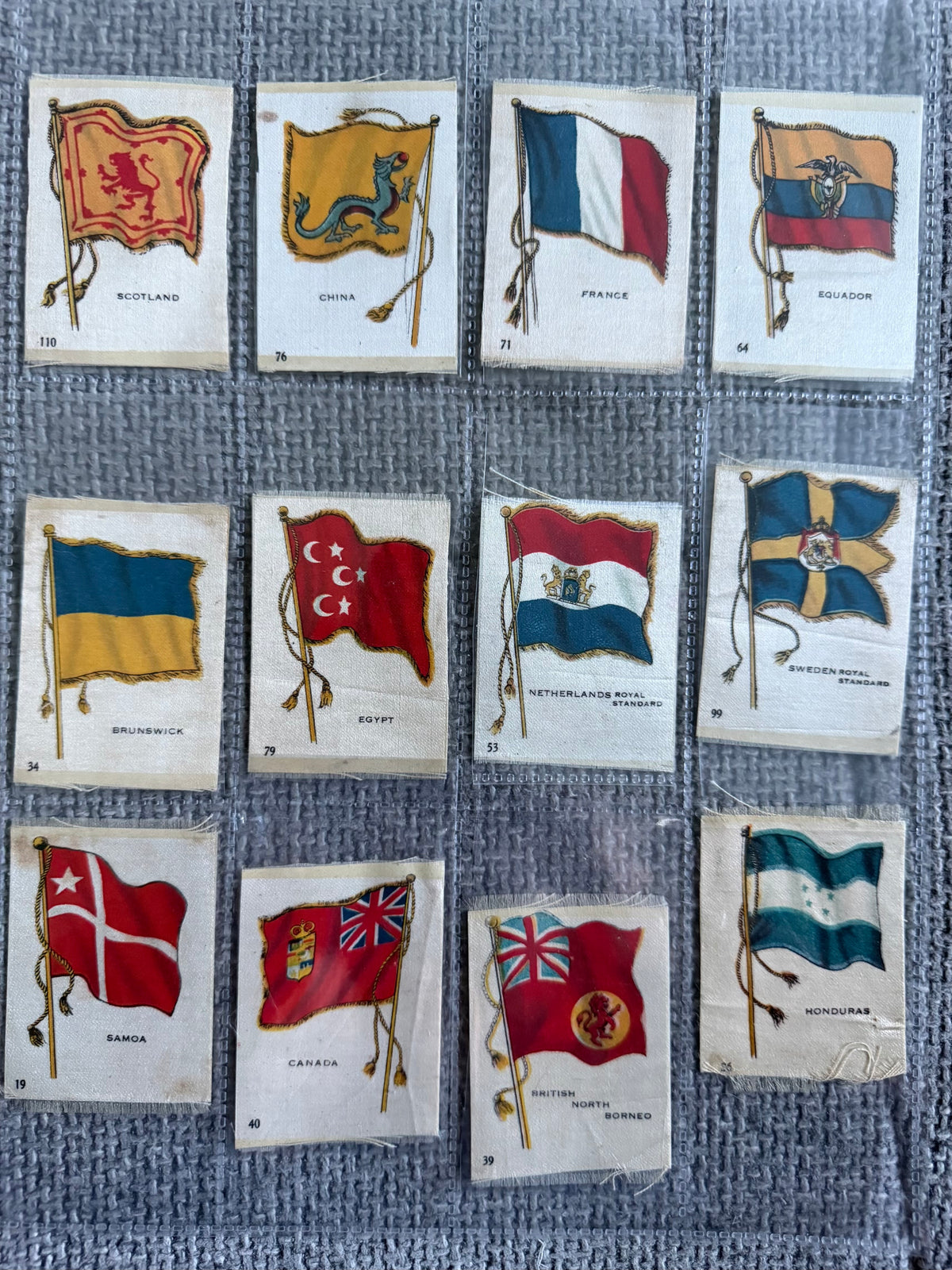 12 Vintage Silk Flag Cigarette Cards — B.D.V. / Godfrey Phillips — World Flags Collection c.1910s