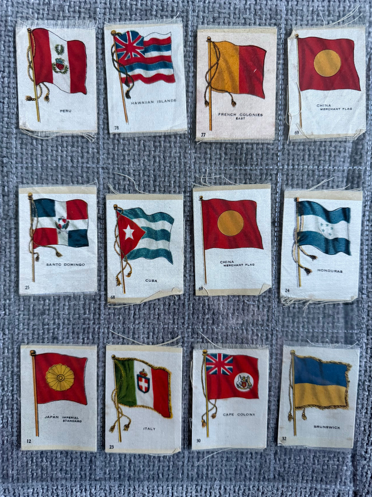 12 Vintage Silk Flag Cigarette Cards — B.D.V. / Godfrey Phillips — World Flags Collection c.1910s
