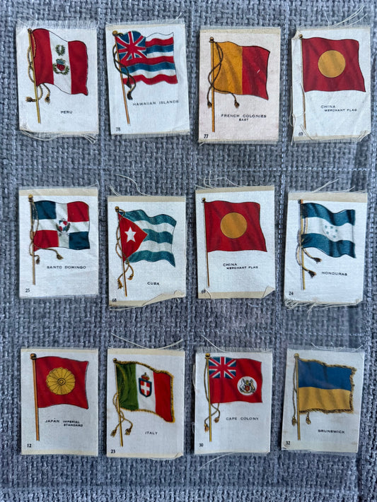 12 Vintage Silk Flag Cigarette Cards — B.D.V. / Godfrey Phillips — World Flags Collection c.1910s