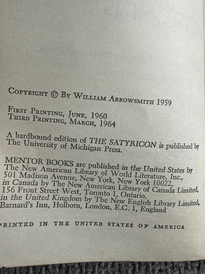 1964 Petronius The Satyricon - William Arrowsmith (Mentor Classic)